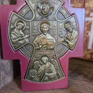 Кръст икона "Дейсис-Спасителя, Пресвета Богородица, Йоан Кръстител с херувим и Ангел пазител" дърво, метал-падина