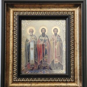Икона "Свети Три Светители". Стил "Синай", размер: 16/18 см., дърво, позлата, полиграфия.