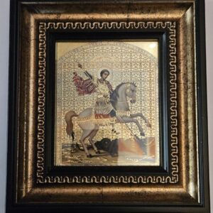 (Български) Икона "Свети Георги Победоносец на кон". Стил "Синай", размер: 16/18 см., дърво, позлата, полиграфия.