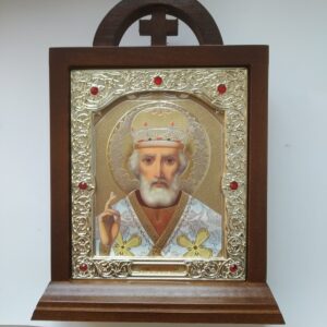 (Български) Настолна икона (Иконостас) - "Свети Николай Чудотворец", дърво, размер на иконата 10/12 см.