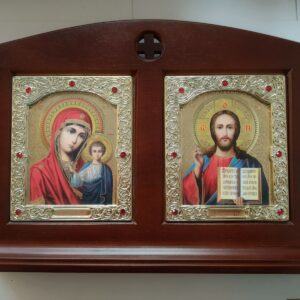 (Български) Настолна икона (Иконостас)- "Христос Спасител и Пречиста Богородица", дърво, размер на иконата 10/12 см.
